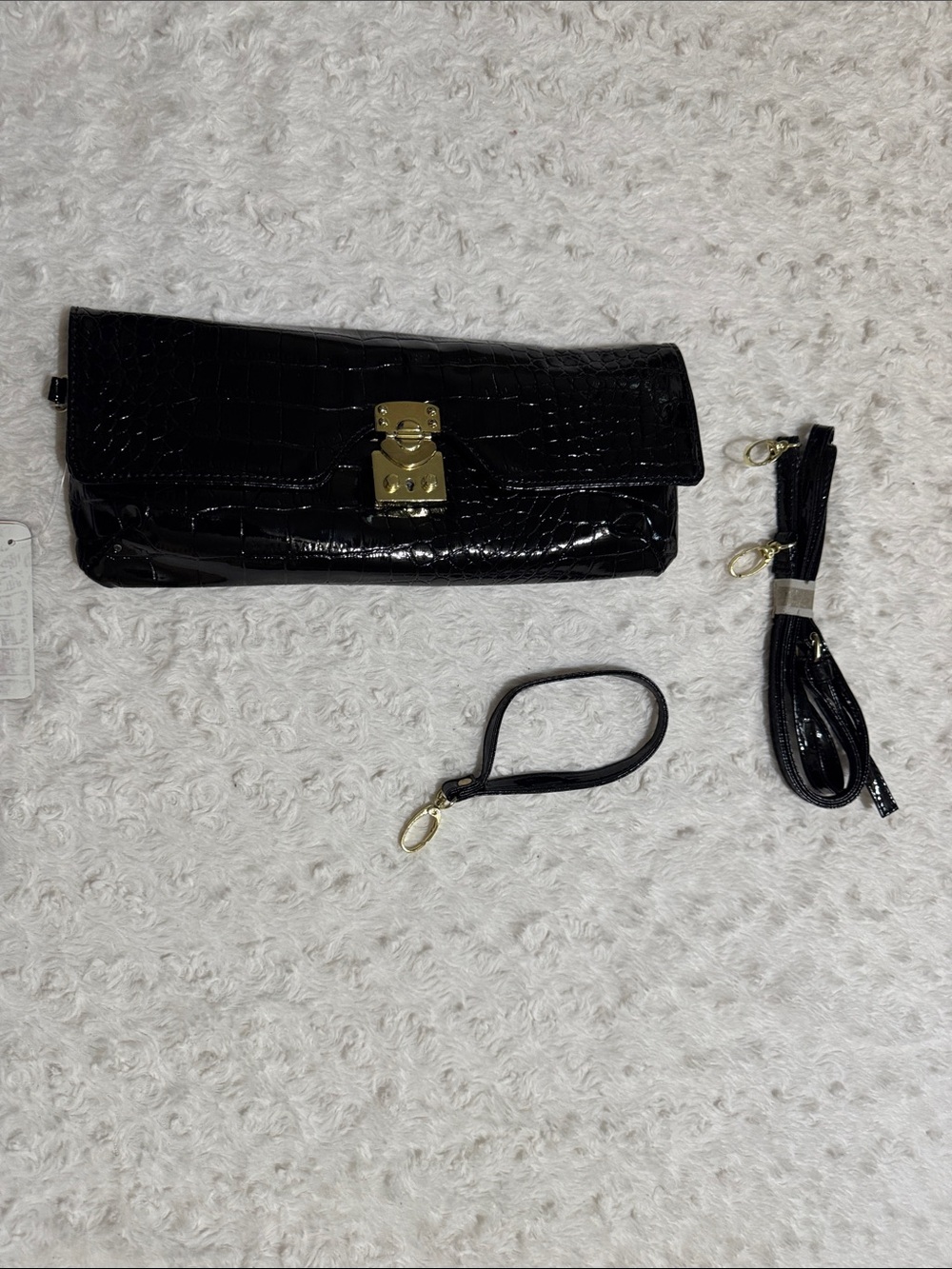 Black Croc-Embossed Convertible Clutch with Gold Hardware